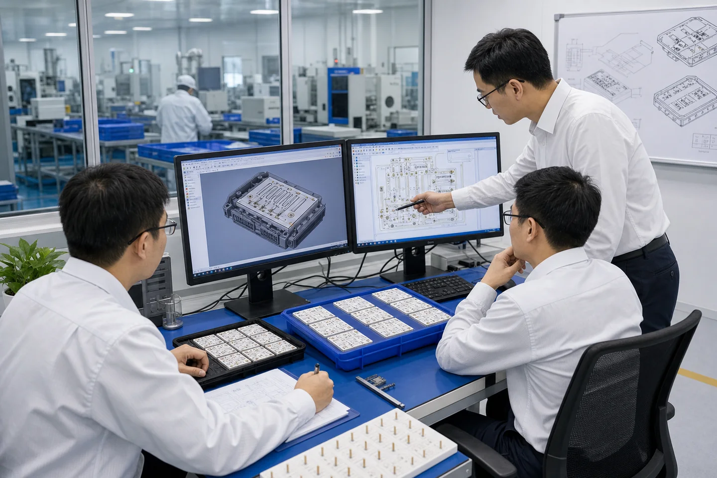 Chinese engineers reviewing ceramic thick film circuit drawings