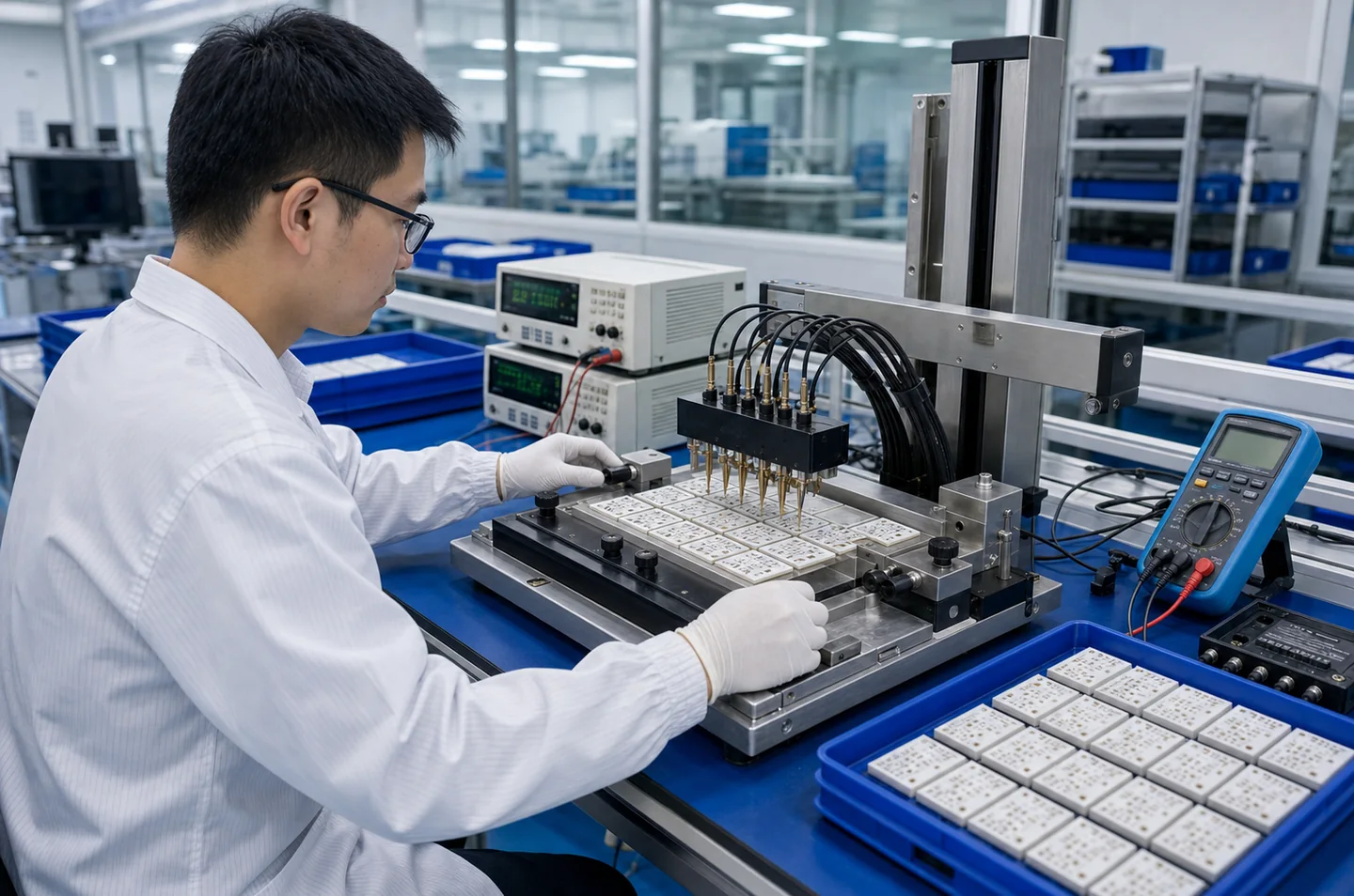 Electrical probe testing station for ceramic thick film circuits