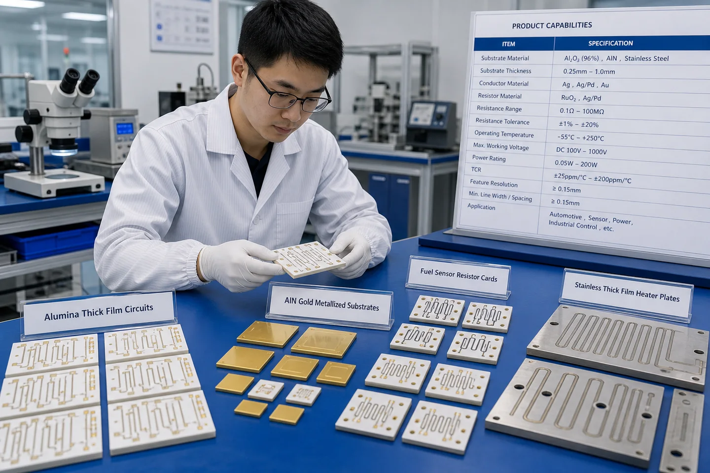 Sample display of thick film ceramic circuits and heater plates