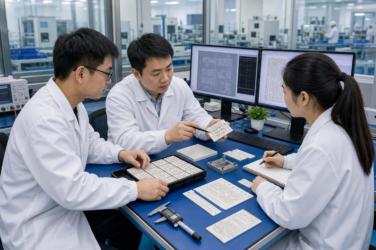 Chinese engineering team reviewing thick film circuit samples