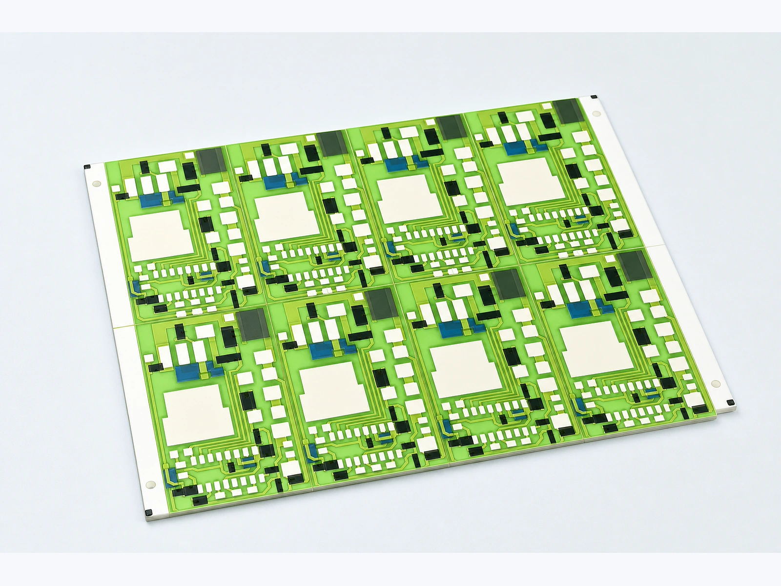 Alumina thick film panel view showing printed routes, pads, and functional regions