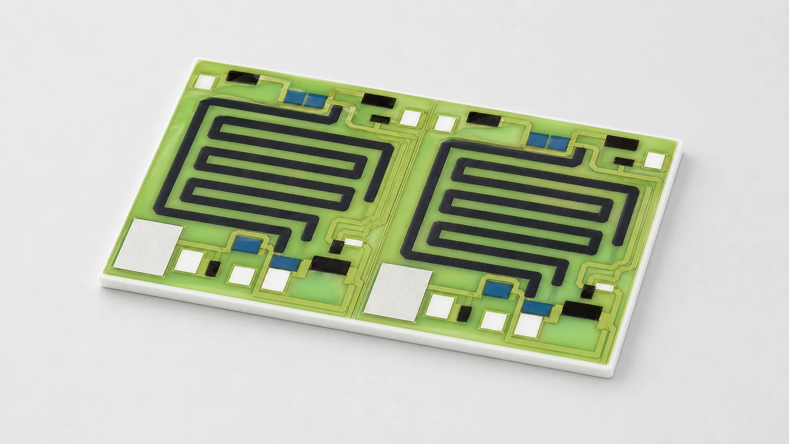 Application illustration of a generic alumina thick film heating circuit with paired serpentine elements