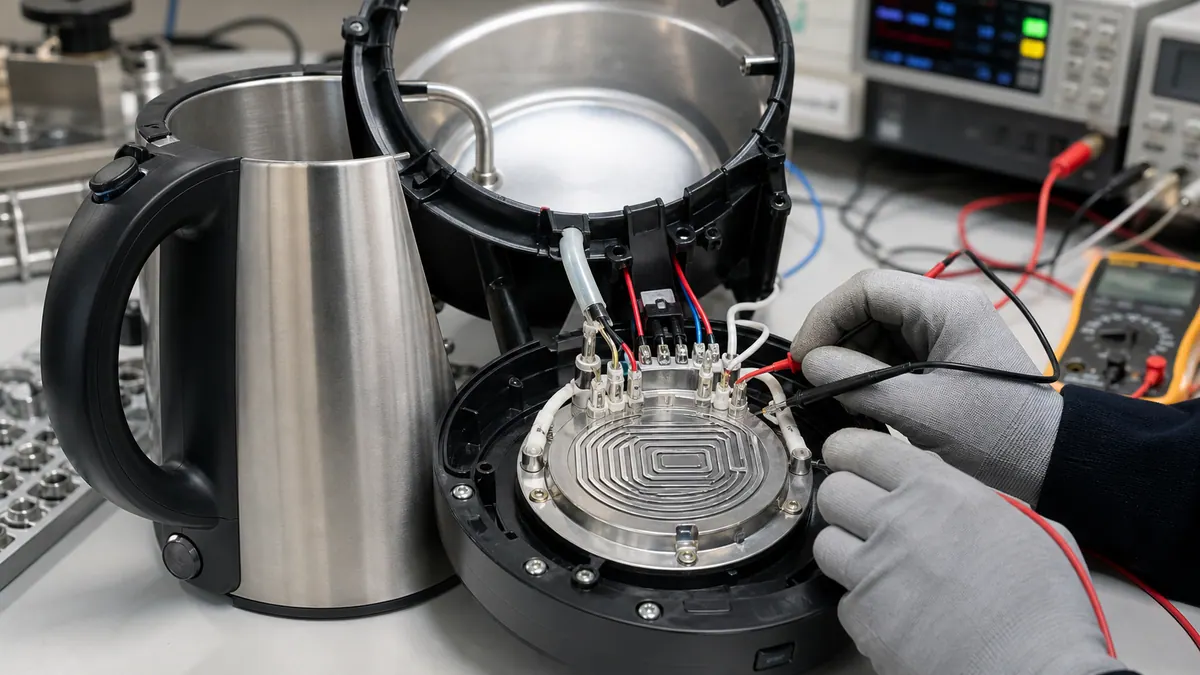 Application illustration of a round thick film heater plate used in an instant electric kettle