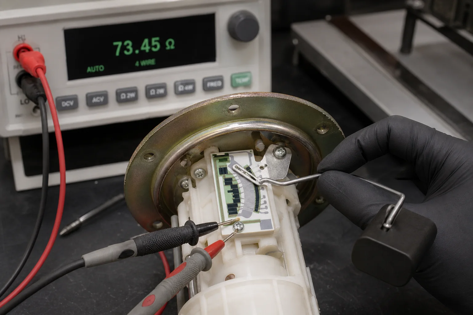 Ceramic thick film fuel sender resistor board calibrated in an automotive test fixture
