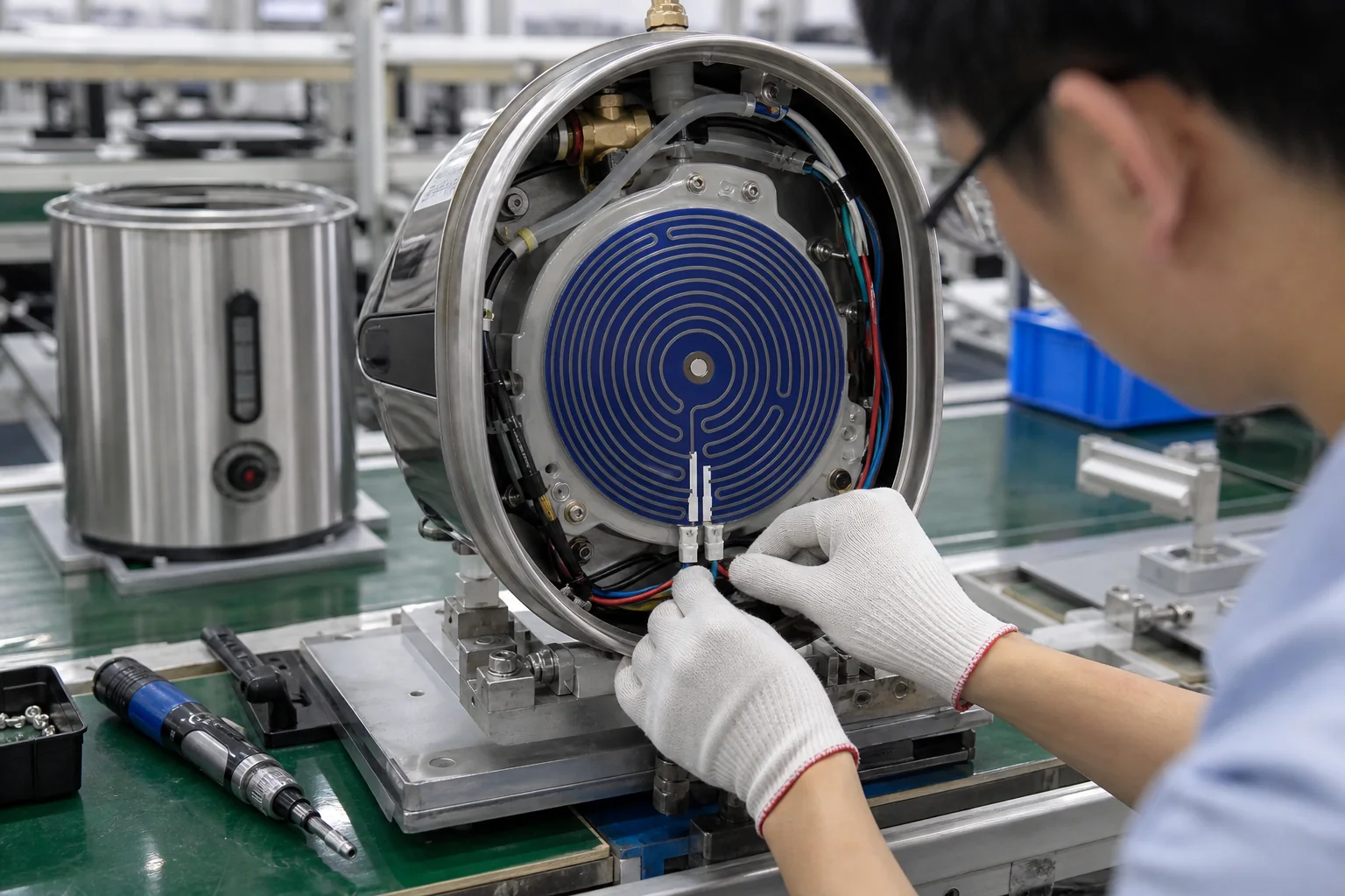 Round stainless steel thick film heater installed during appliance boiler assembly