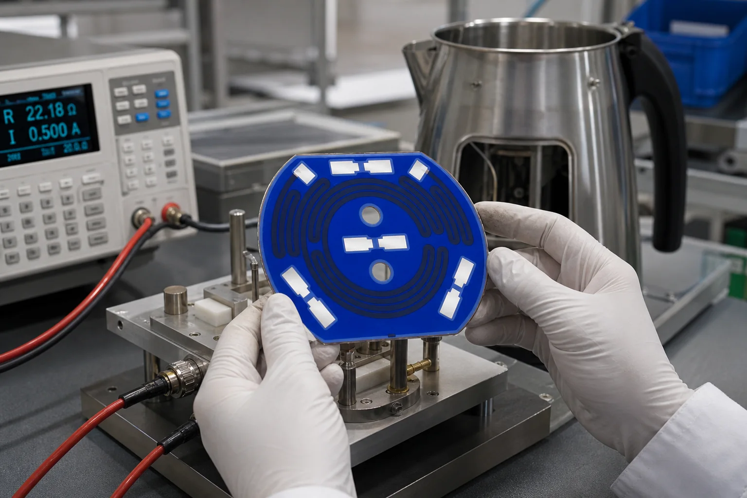 Stainless steel thick film heater undergoing resistance and thermal uniformity inspection