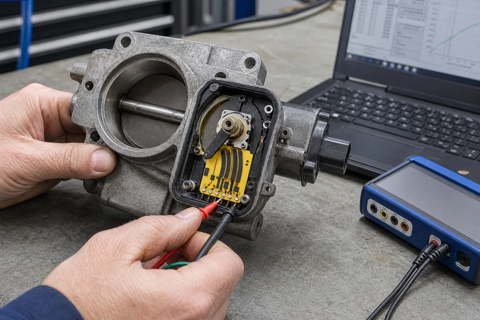 Thick film throttle position resistor validated inside an opened throttle body