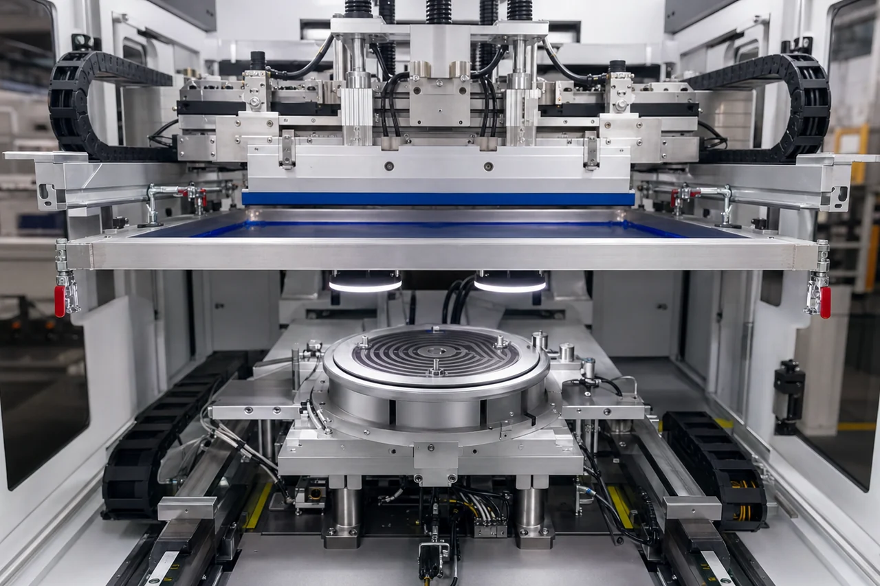Representative full-automatic CCD screen-printing station with a circular stainless heater blank secured below the raised screen