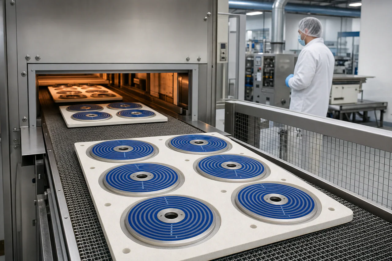 Illustrative controlled firing line with circular stainless steel thick film heater plates on setter trays