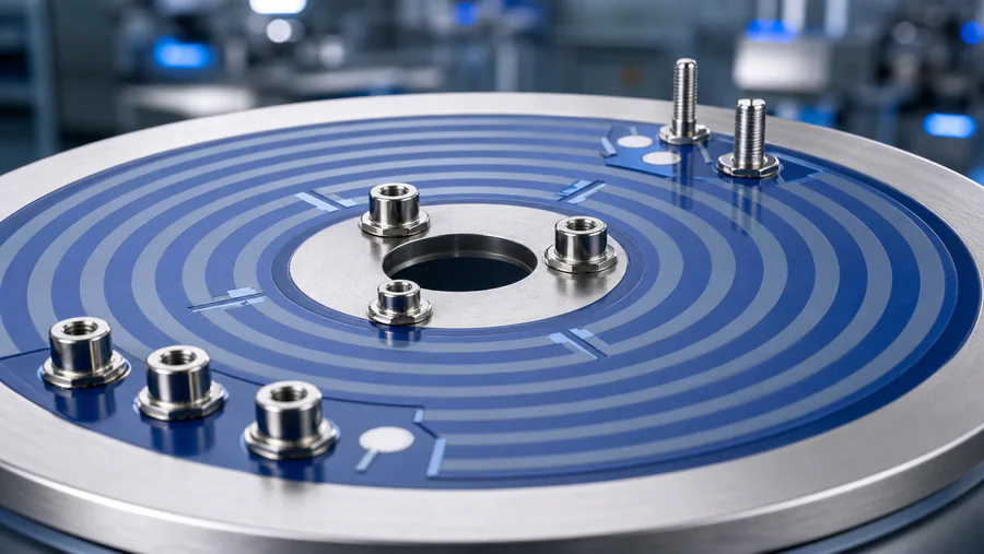 Close product view of stainless steel heater terminals and printed thick film circuit routing