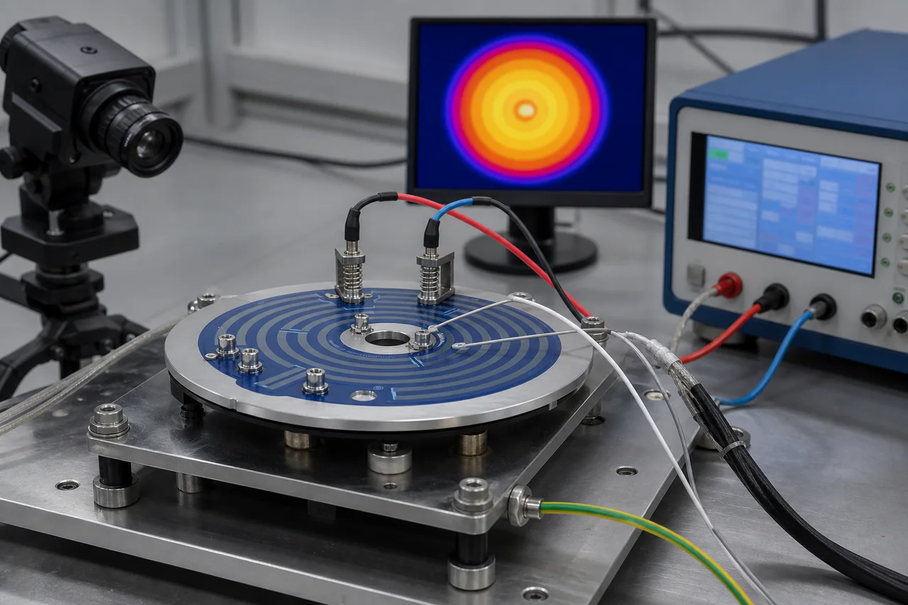 Illustrative thermal camera and electrical validation setup for a round stainless steel thick film heater