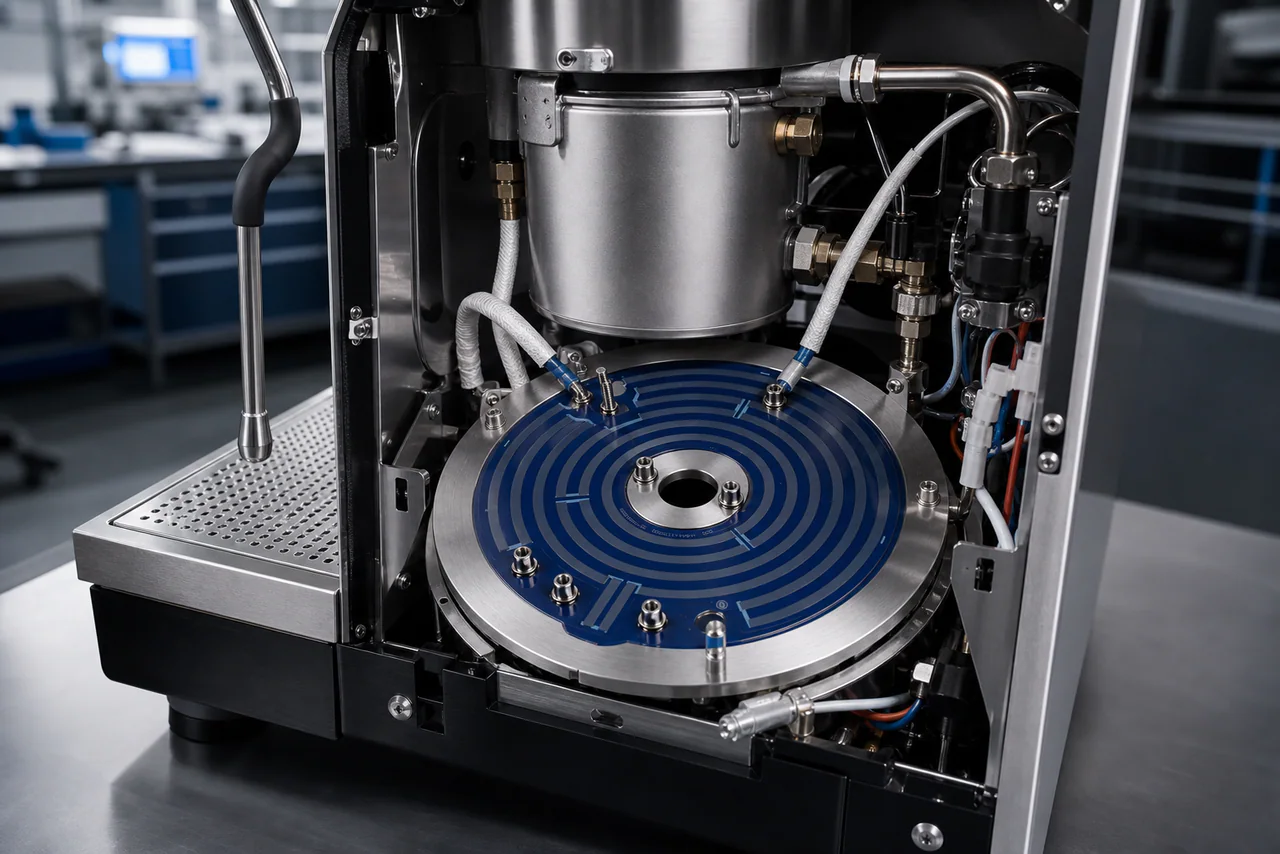 Illustrative coffee machine boiler assembly showing a round stainless steel thick film heater mounting interface