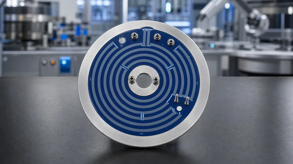 Round stainless steel thick film heater plate with blue concentric heating circuit, central opening, and metal terminals
