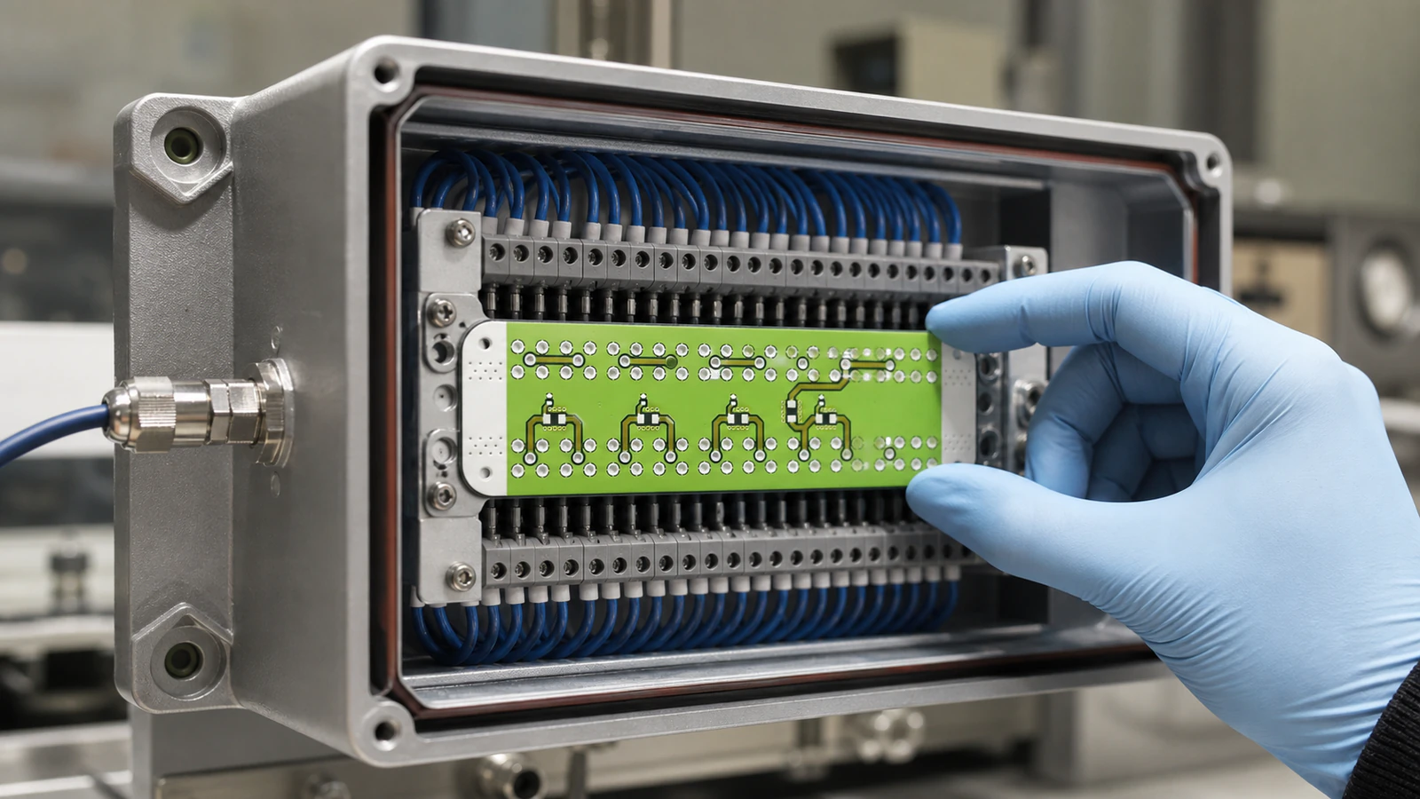 Generated application illustration of a double-sided ceramic circuit in a generic industrial signal interface enclosure