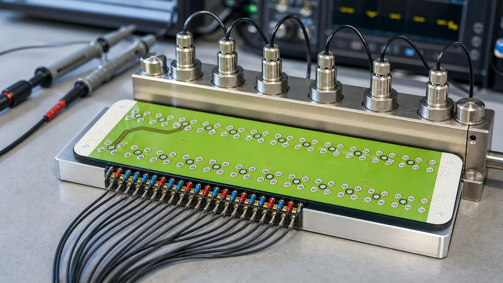 Generated application illustration of a long double-sided ceramic circuit beside a generic multichannel sensor manifold