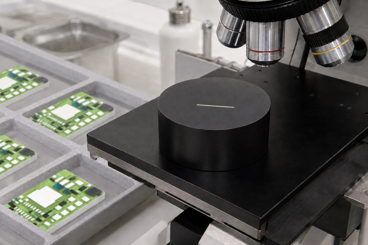 A mounted specimen and metallographic microscope illustrating section preparation