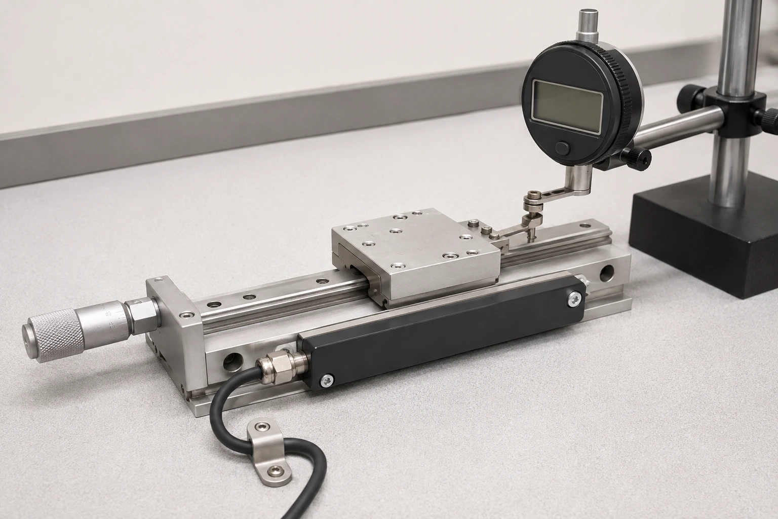 A linear-travel fixture with aligned displacement measurement