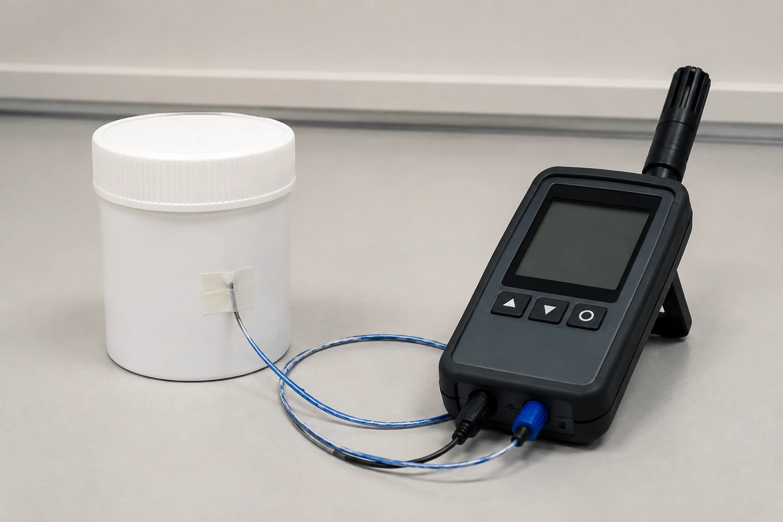 A closed paste container with an exterior contact sensor and separate ambient sensing. Jar-skin temperature does not establish paste-core readiness