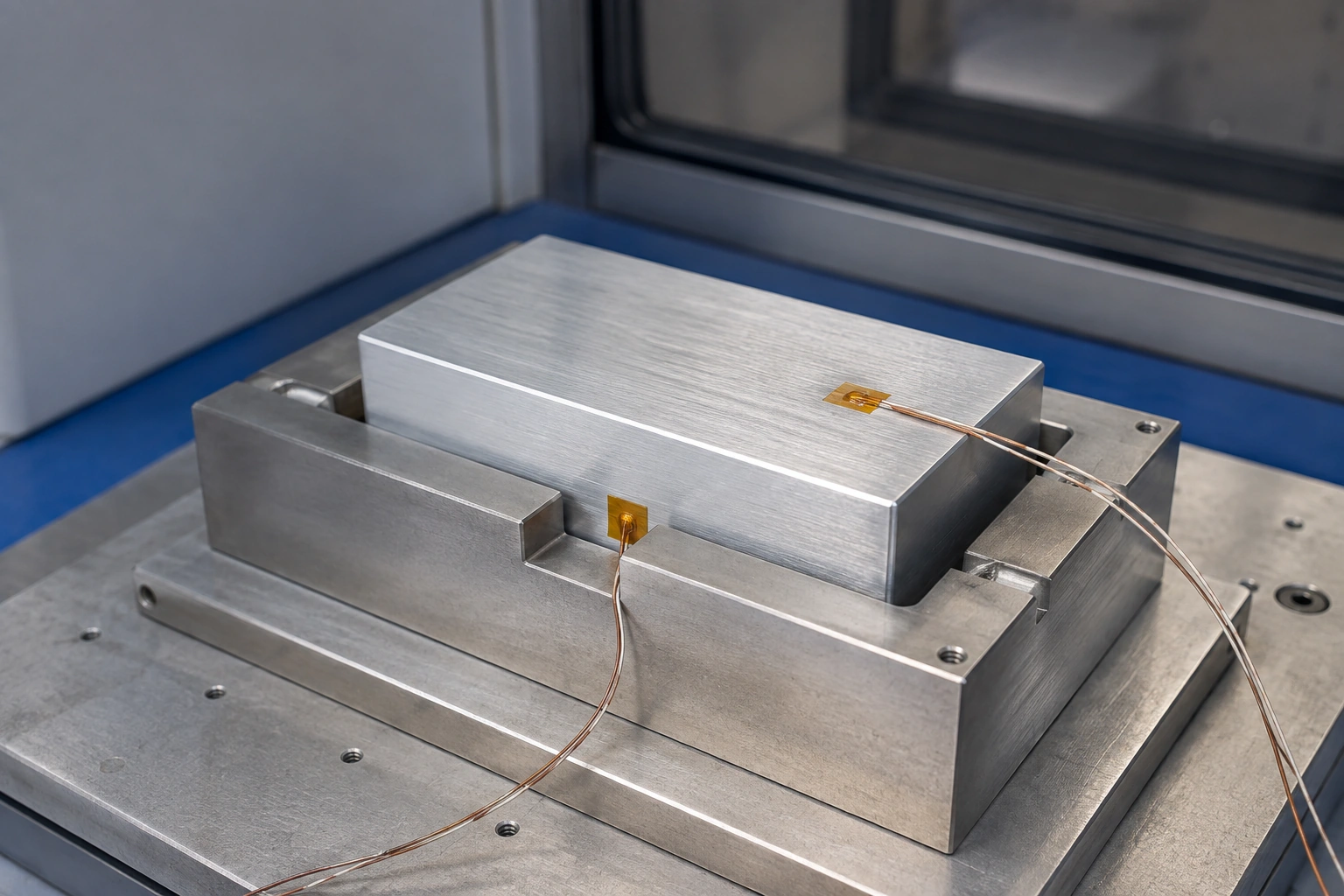 A solid metal thermal surrogate with two surface sensor junctions seated in a separate fixture holder.