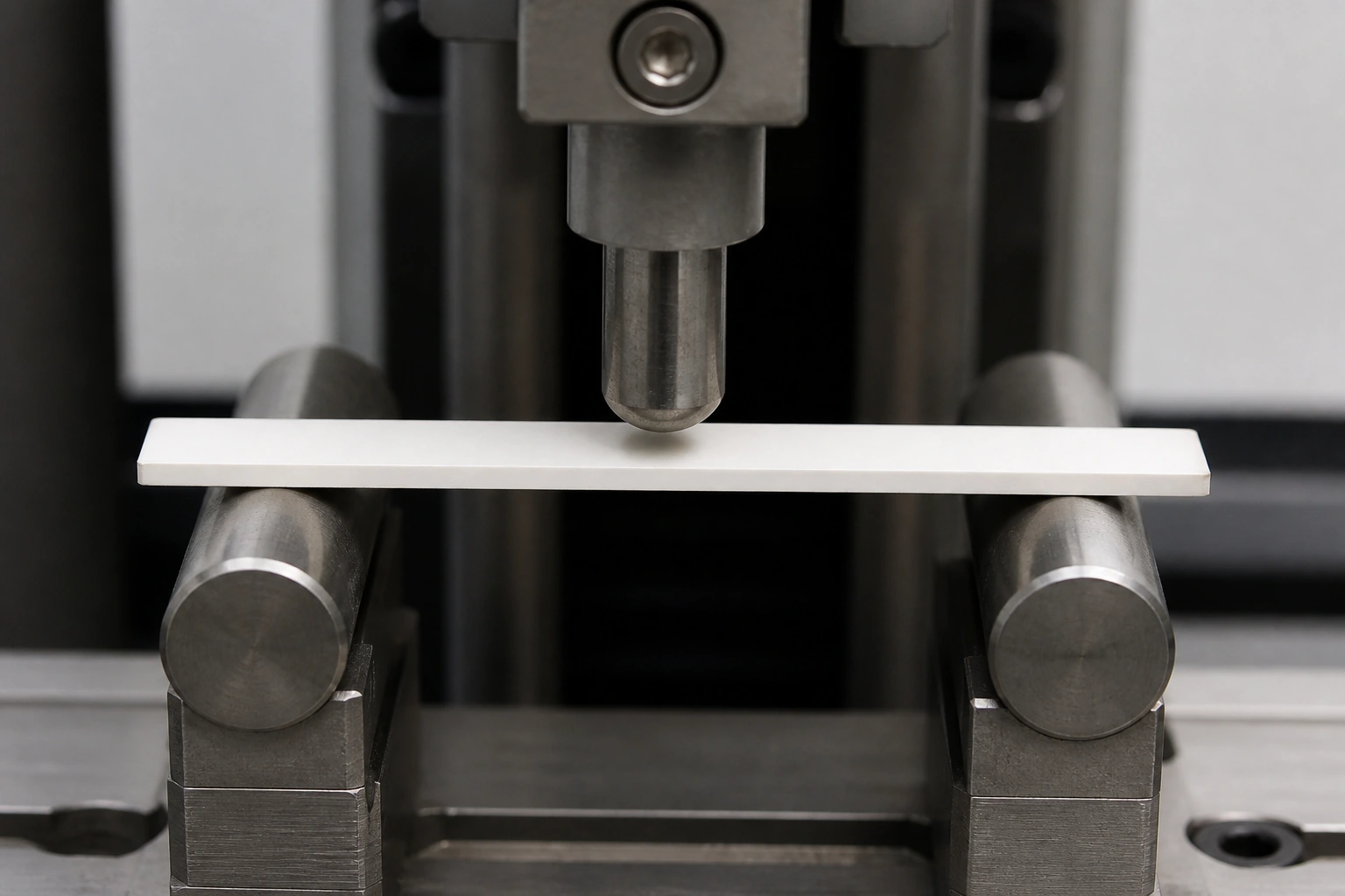 A rounded loading nose above an unloaded bare ceramic witness strip resting on two separated supports.