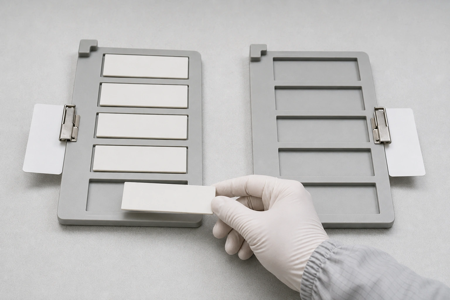 Gloved hand transferring a plain ceramic tile between separate recessed carriers.