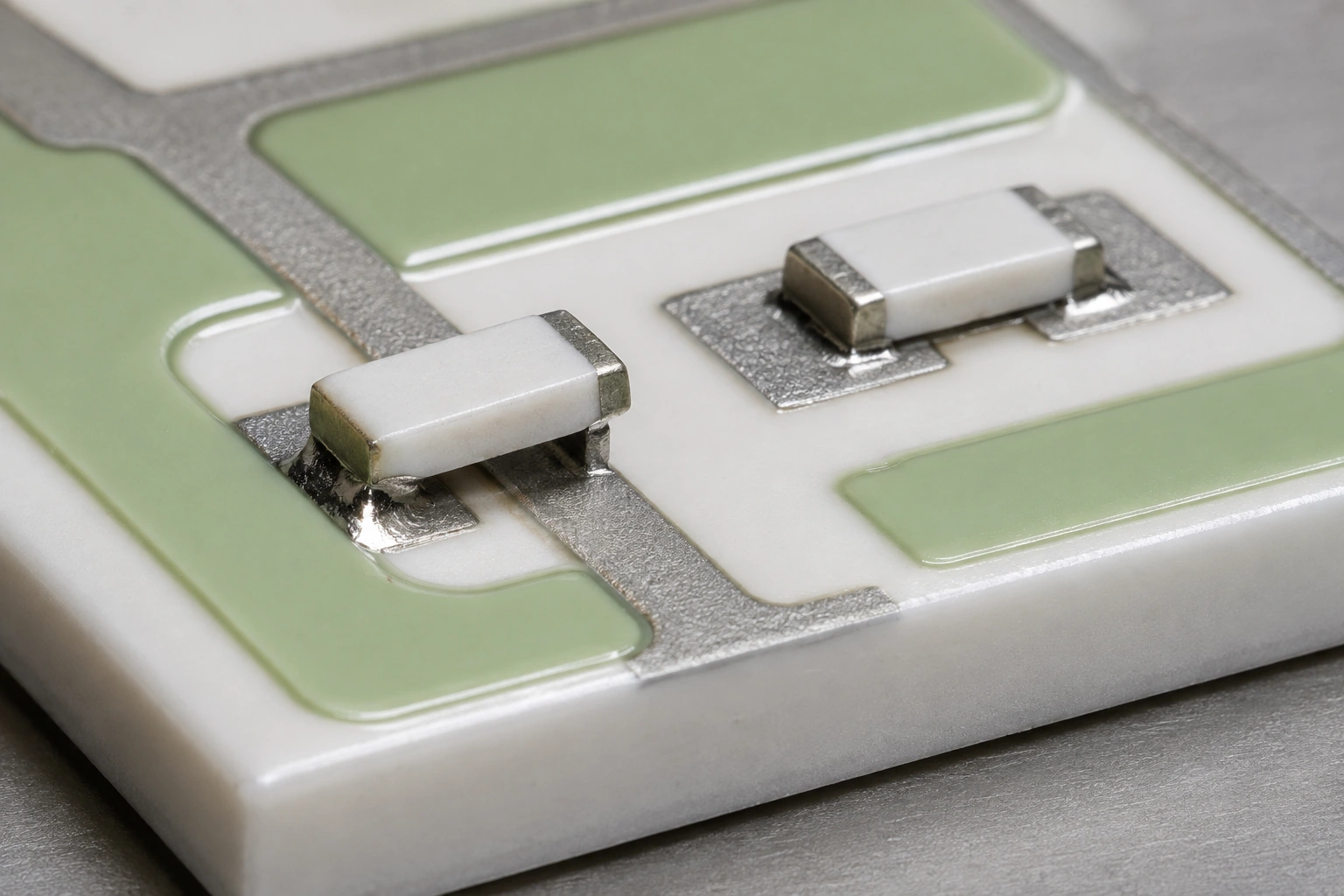 One two-terminal chip sits raised over a ceramic pad pair beside a flat reference component, surrounded by light-green glass overglaze.