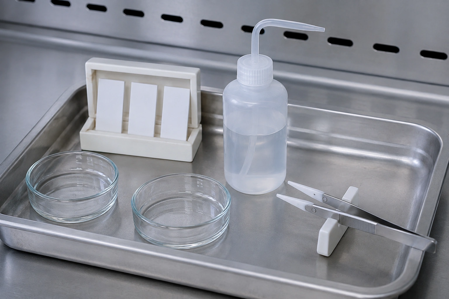 Ceramic witness coupons, clean dishes and handling tools prepared for a cleaning compatibility comparison.