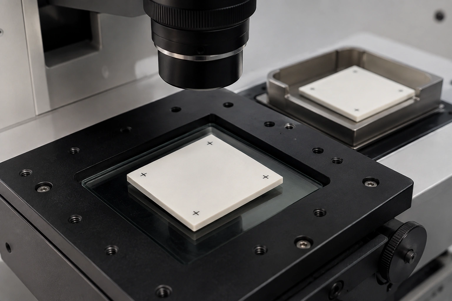 Ceramic fiducials positioned on an optical coordinate inspection stage.