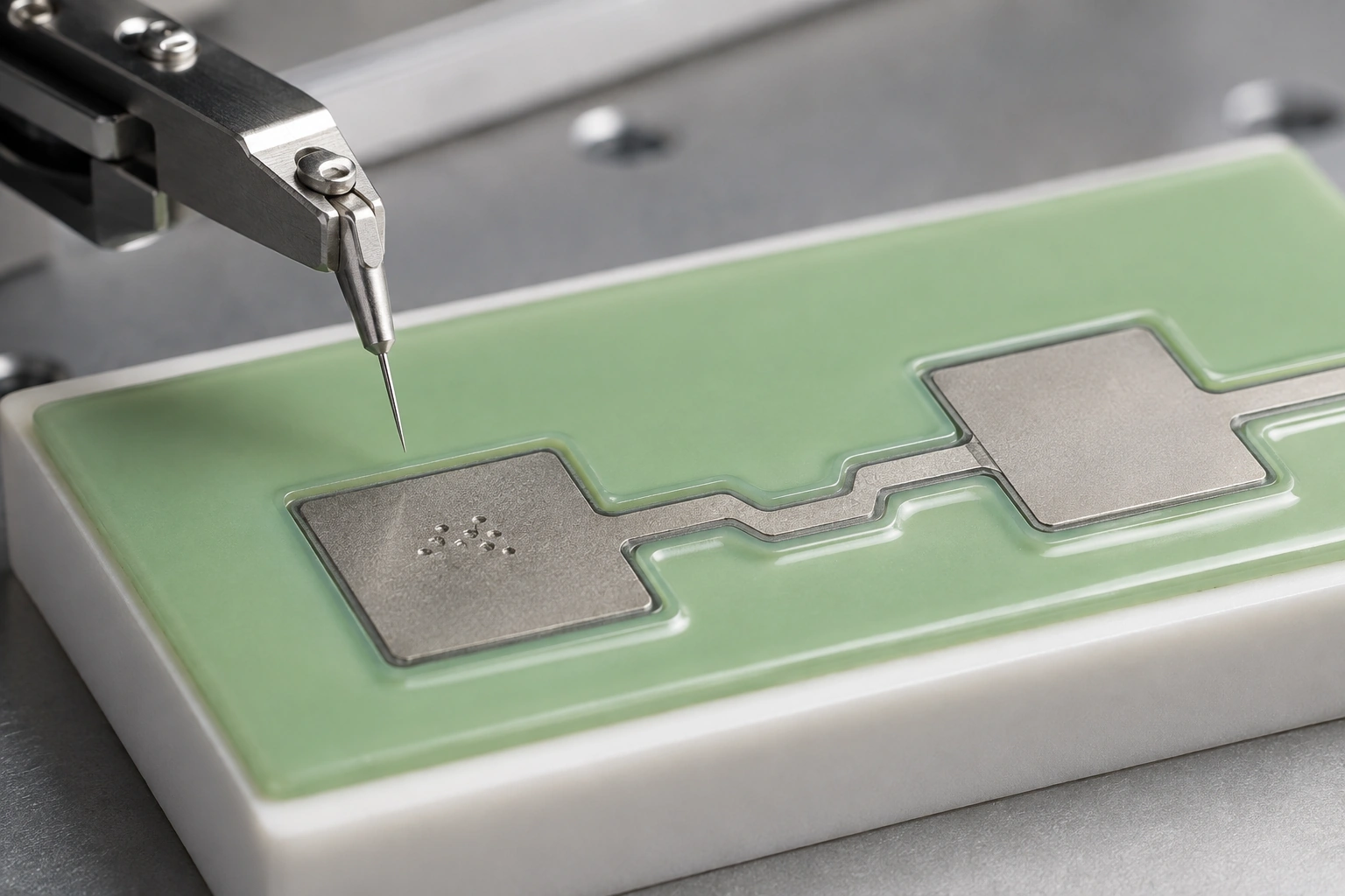 A probe needle parked above a marked test pad beside a separate pristine bond pad on light-green overglazed ceramic.