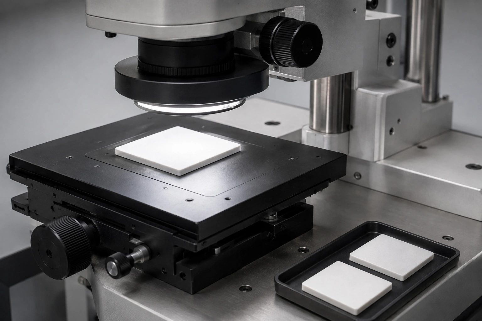 Bare alumina coupons prepared for optical surface inspection on a precision microscope stage.