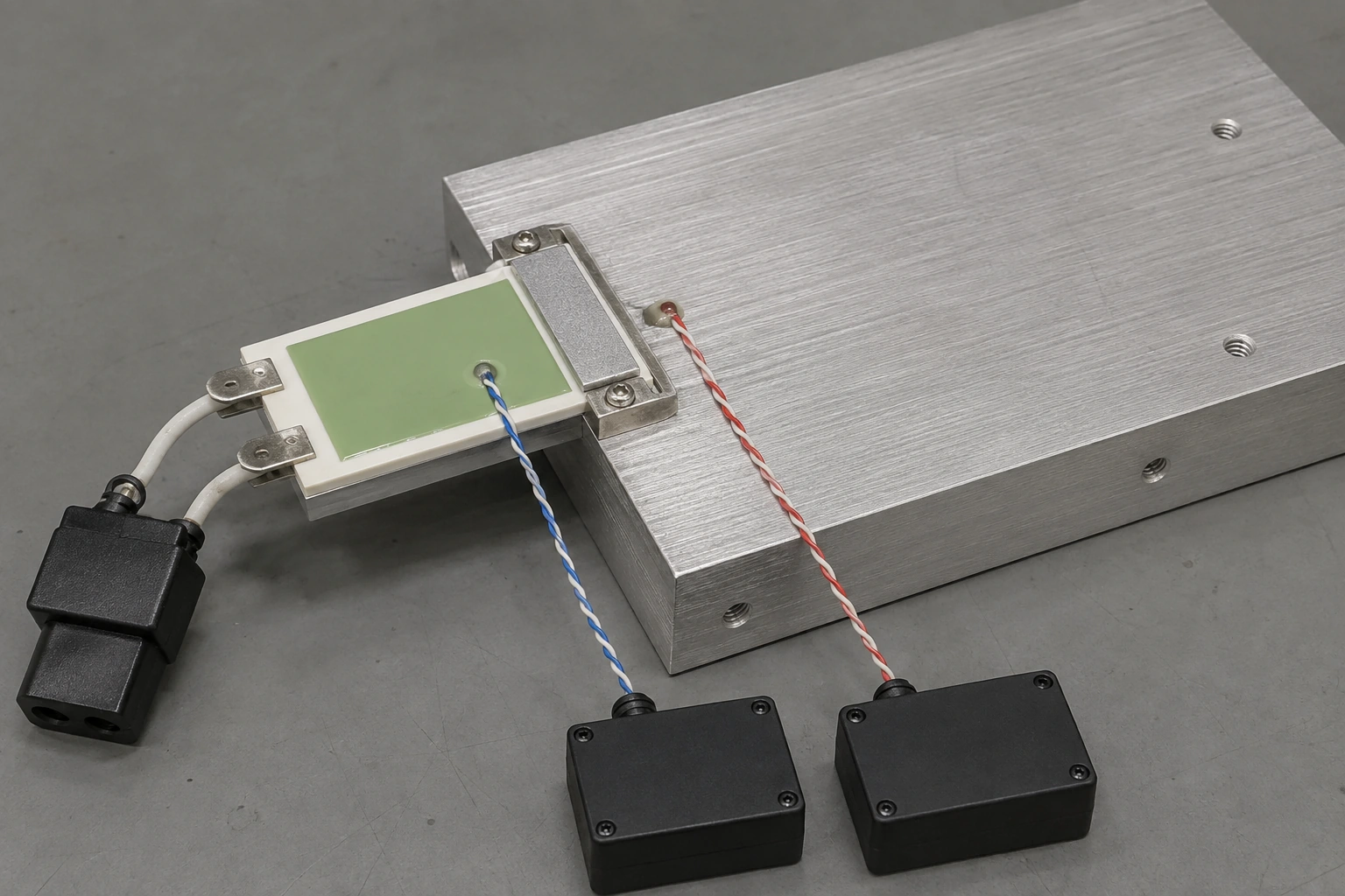 An overglazed ceramic circuit coupled to a larger aluminum mass, with separate temperature sensors on both nodes and an unconnected power plug.