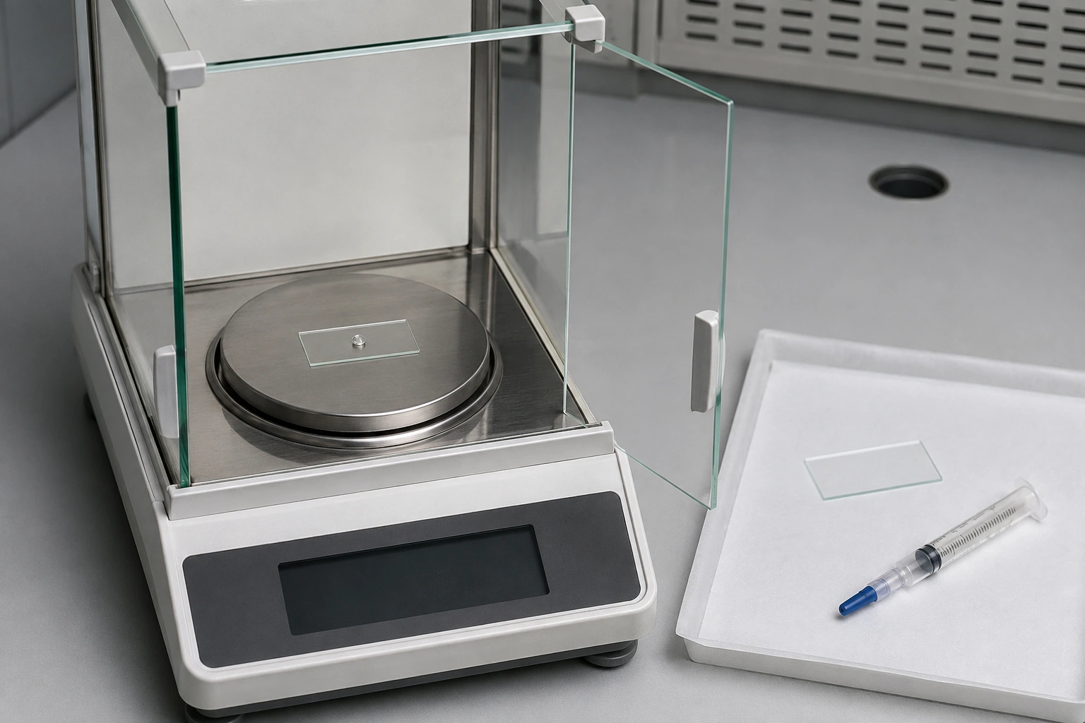 A glass weighing slide with a small dispensed dot on a balance pan, with the draft-shield door open and display off.
