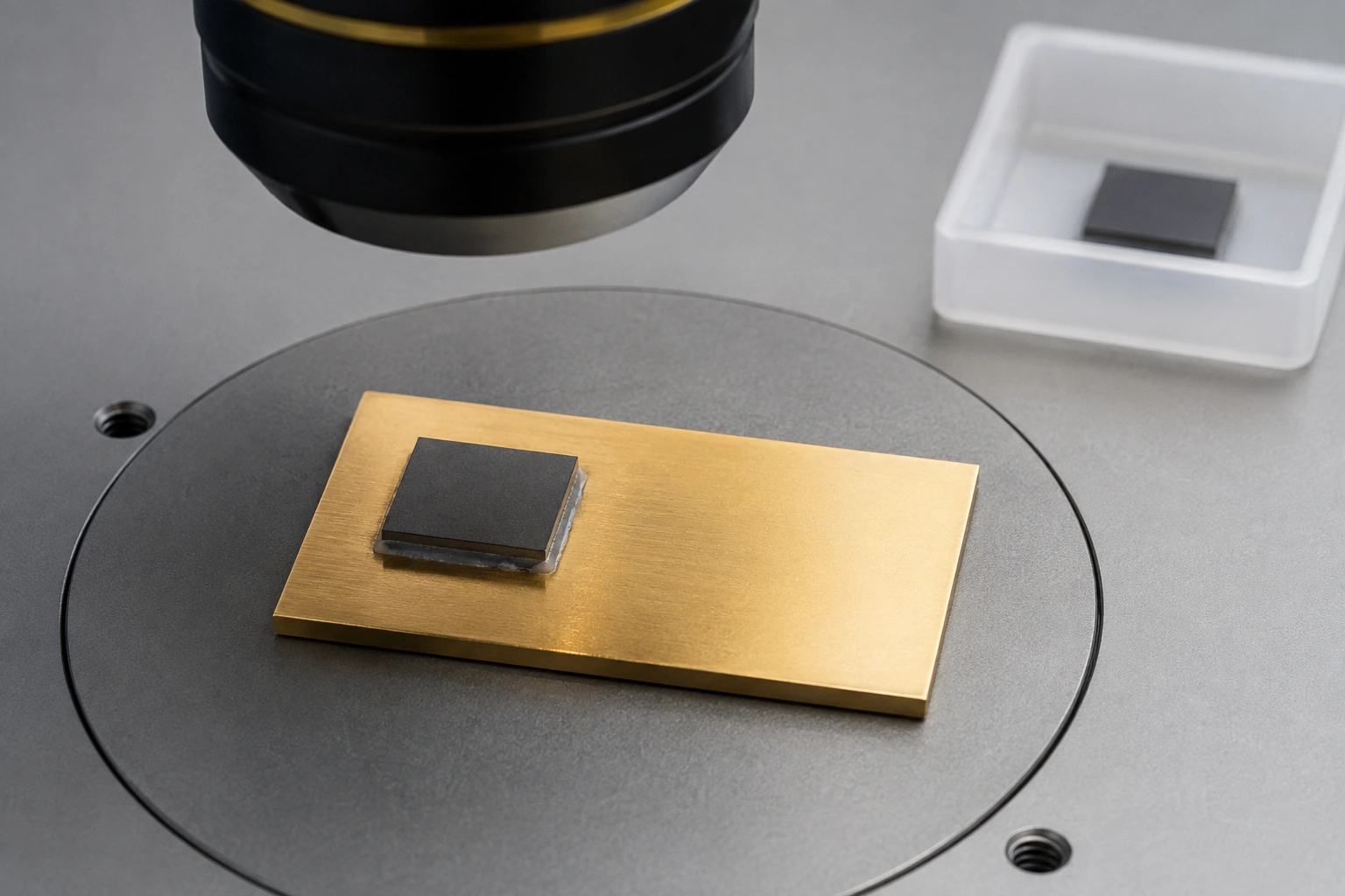 Microscope positioned over a bonded dummy die and adjacent clean test surface.