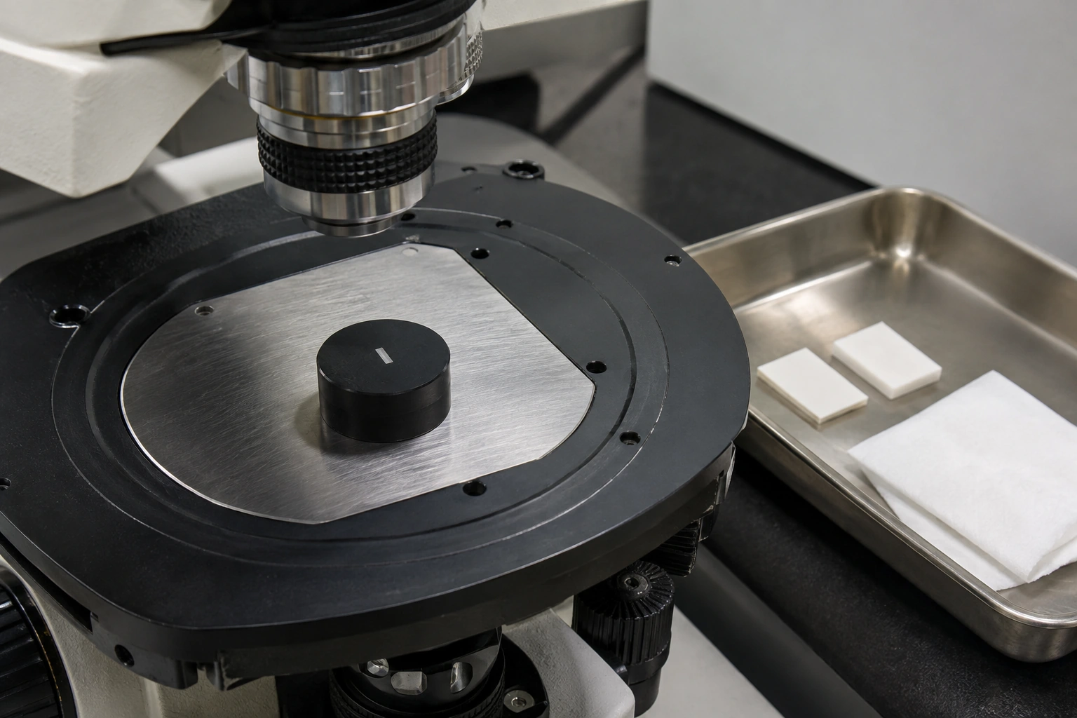 Small specimen embedded in a polished metallographic mount beside a microscope objective.