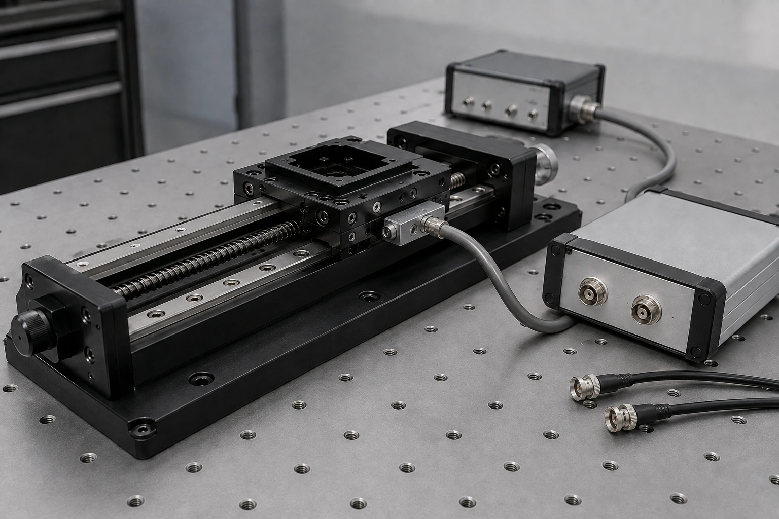 Linear motion stage with an empty specimen holder, position readhead and separate acquisition enclosure during setup.