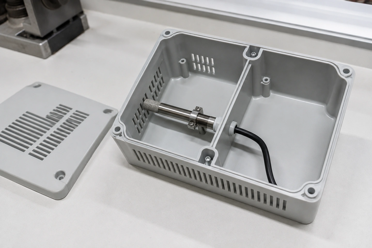 A filtered probe beside ventilation slots in an open divided enclosure, with its cable entering a separate empty compartment.