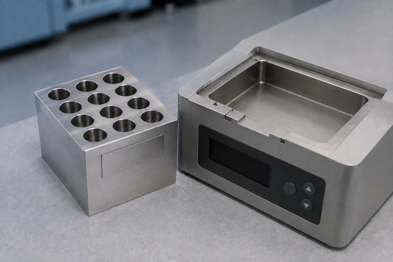 A removable twelve-well metal thermal block beside a matching empty base pocket with its display inactive.