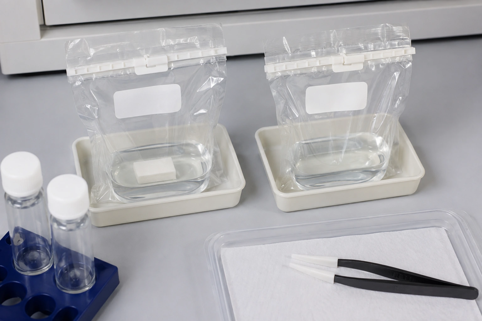 Paired clear extraction bags, one containing a plain ceramic specimen and the other liquid only.