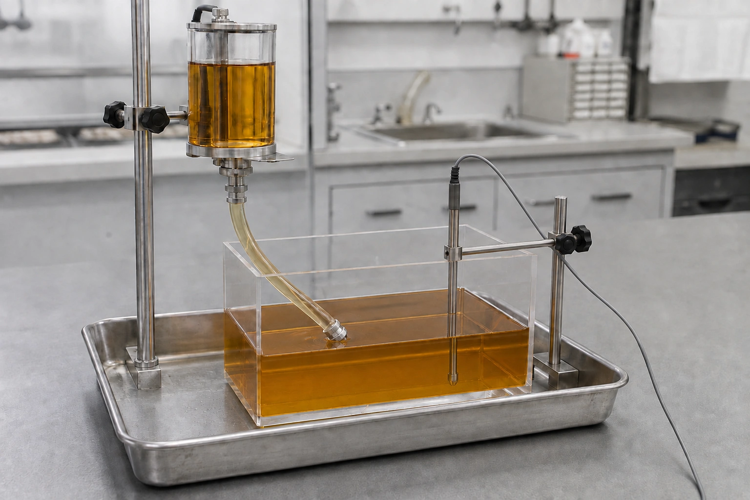 Elevated liquid vessel connected to a lower reservoir, with a separately supported temperature probe immersed inside the reservoir.