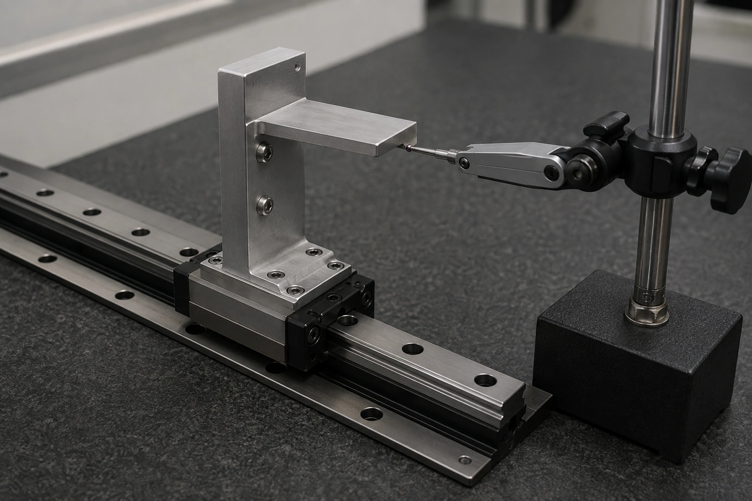 A raised working bracket on a linear carriage faces a separately supported contact stylus above a granite base.