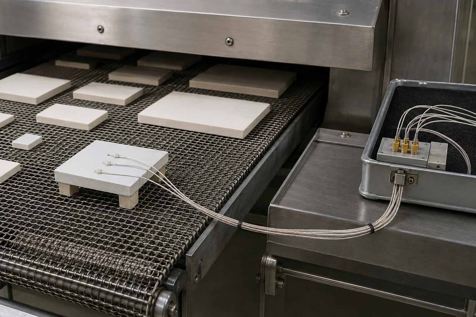 Thermocouples attached to a ceramic witness tile among spaced furnace-loading coupons.