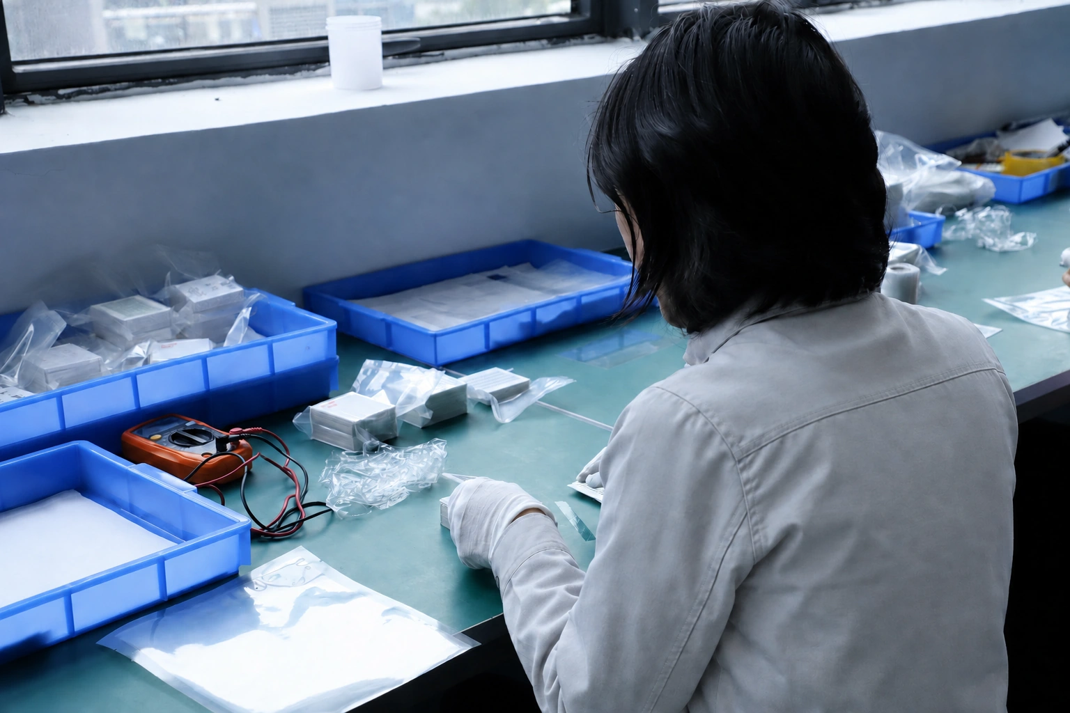 An operator in light-grey workwear handles ceramic samples beside separated trays and inspection tools.