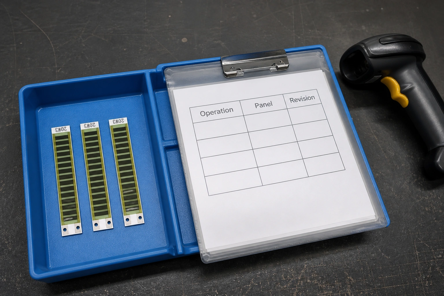 Three green glass-covered ceramic resistor strips beside a blank operation, panel and revision traveler.