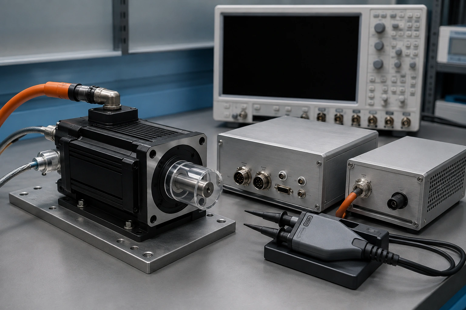 Bench-mounted motor beside closed electronics enclosures, a disconnected paired probe and an inactive oscilloscope.