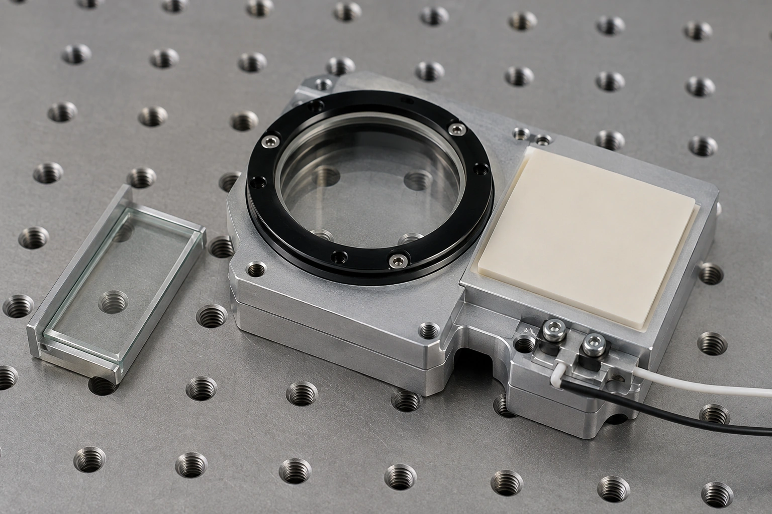 Optical window, ceramic support, insulated wiring and separate witness glass arranged on a metal carrier.