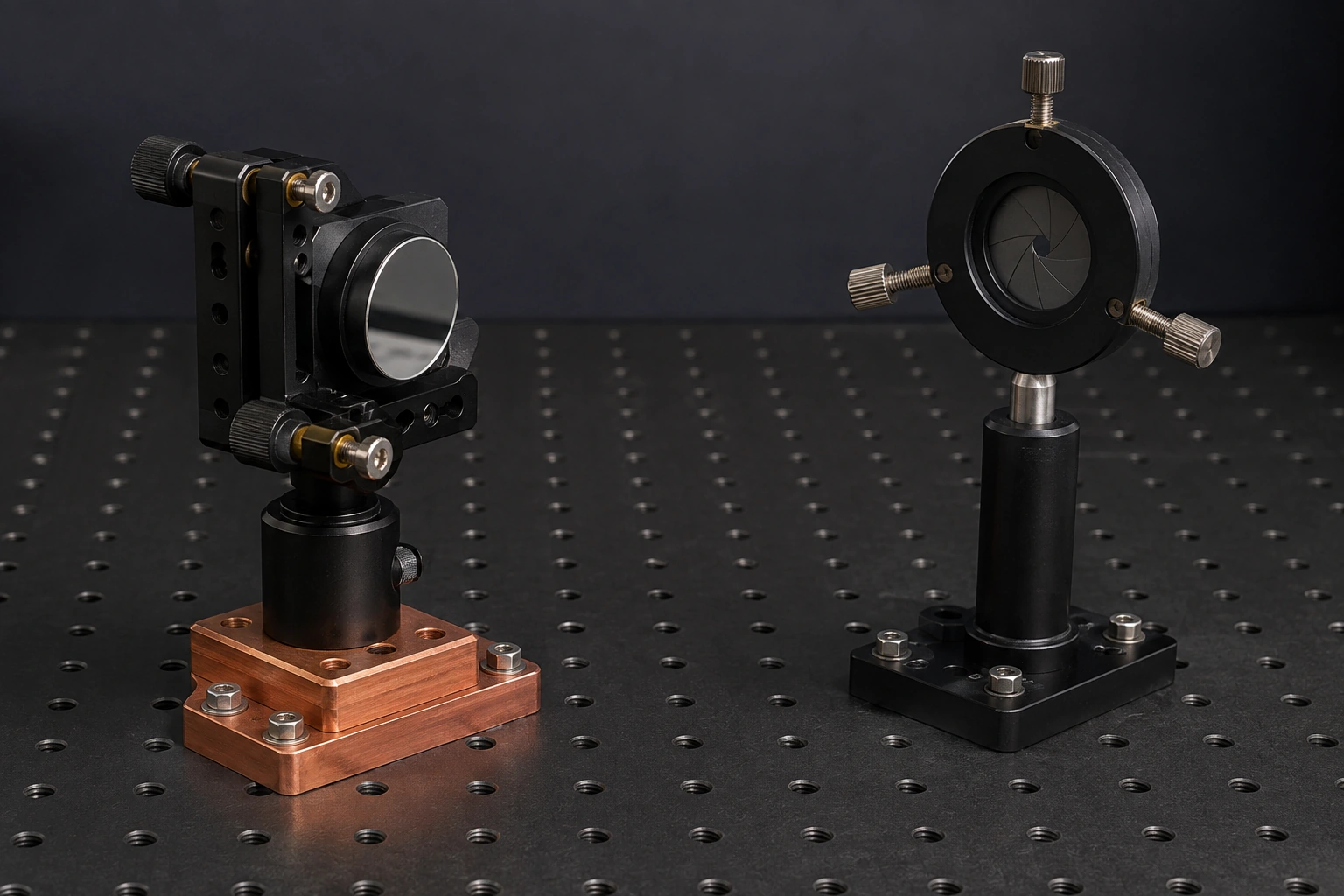 A mirror mount on a copper riser and a separately supported iris aperture fixed to different bases on an optical breadboard.