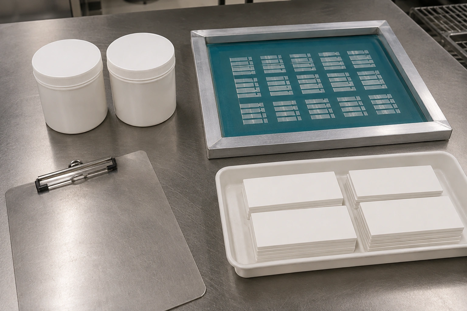 Separated paste containers, printing screen and ceramic substrates prepared for an engineering change comparison.