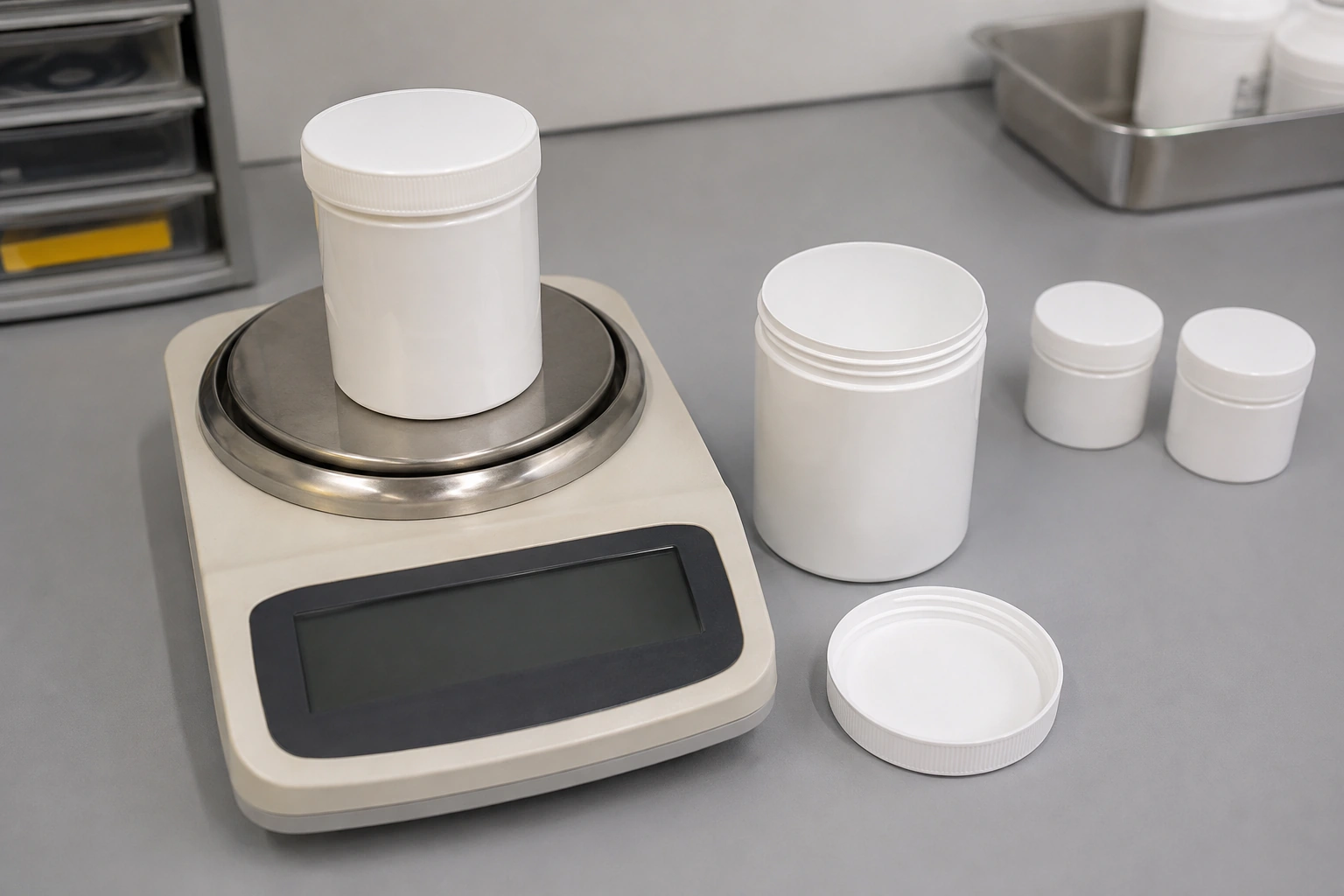 A closed paste container on an inactive bench balance beside an open working container, detached lid and smaller sample jars.