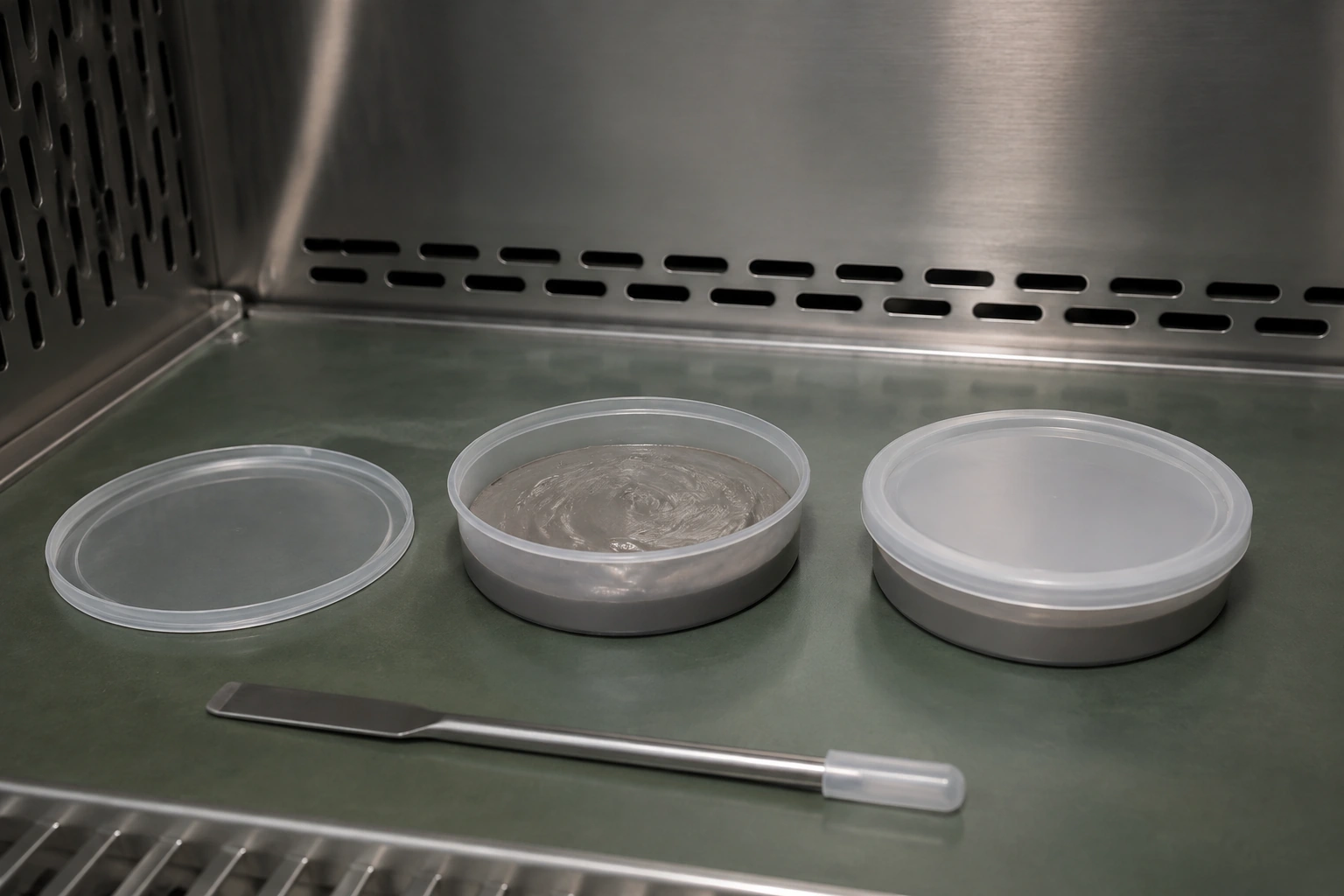 Matched shallow paste sample cups, one open and one covered, inside a ventilated materials enclosure.