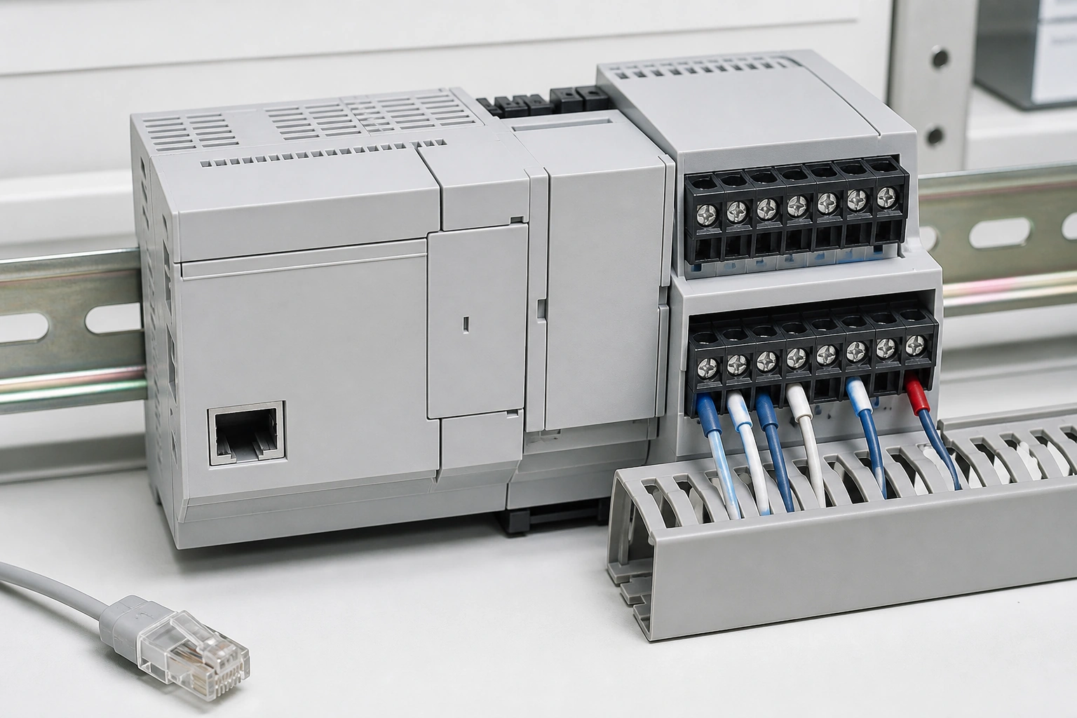 A rail-mounted controller with accessible screw terminals, routed signal leads and a disconnected network cable on a bench.